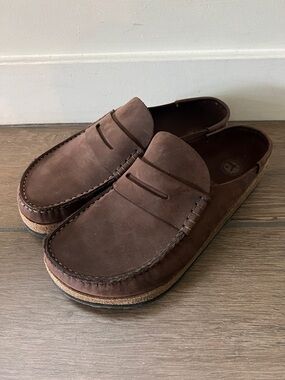 Birkenstock Naples 42 Barely Worn EUC Brown Suede Cork Penny Loafer Clog Style